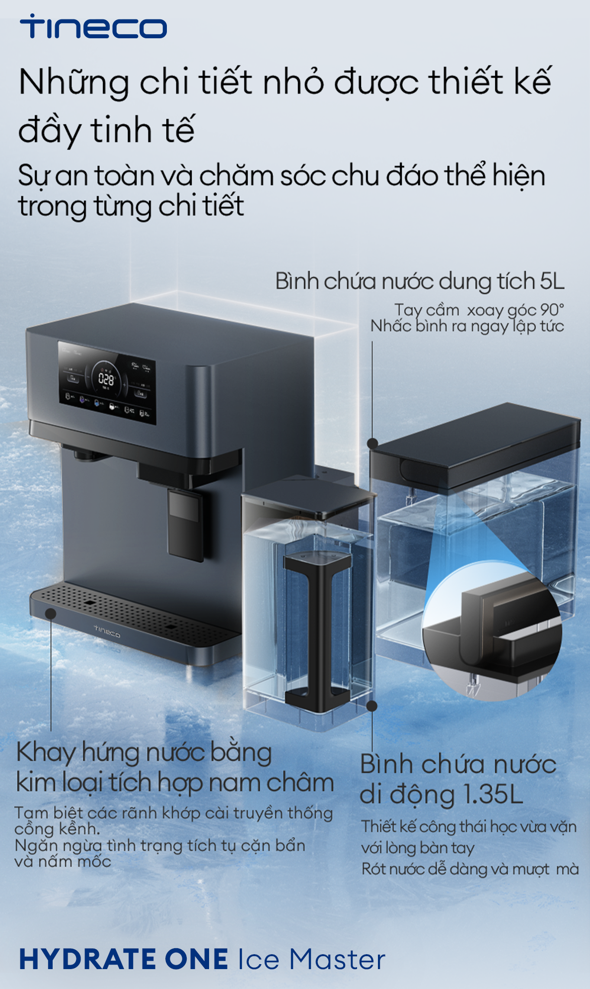 Khay nước nam châm và tay cầm thông minh